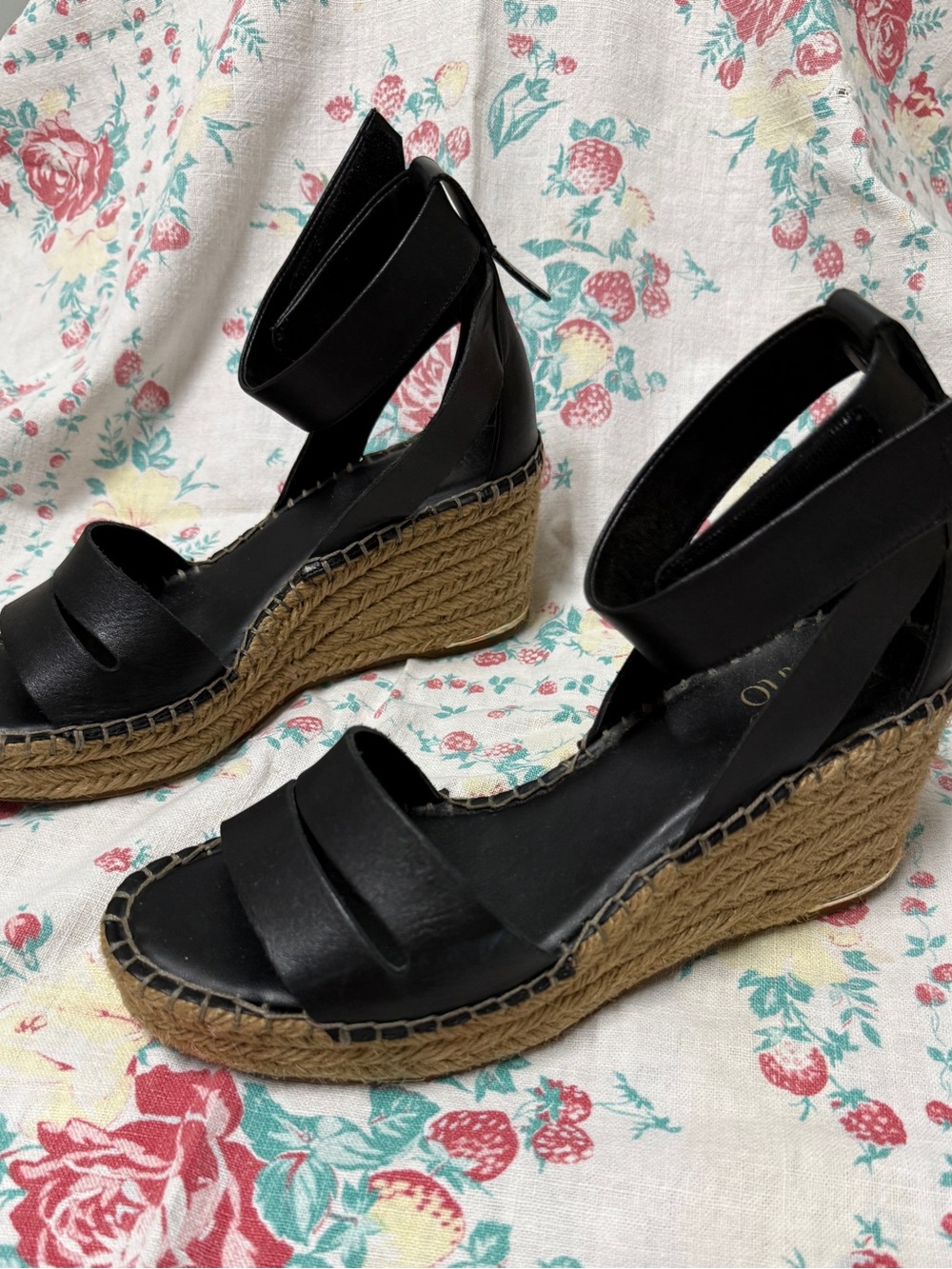 Franco Sarto Black Leather Wedge Espadrille Sandals